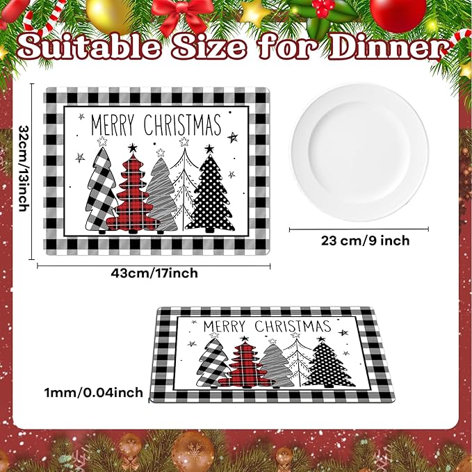 Christmas Placemats Set of 6 Christmas Tree Plastic Table Mats Xmas Trees Black and White Buffalo Plaid Place Mats Winter Holiday Table Decoration for Indoor Outdoor Party Kitchen Dining-Ruum Studio Home