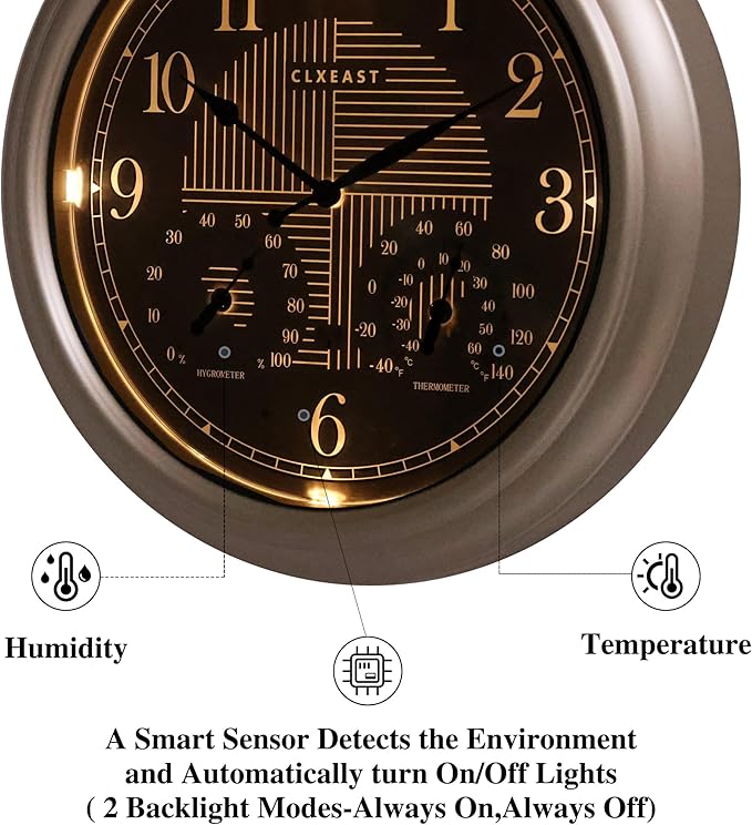 CLXEAST 18 Inch Illuminated Outdoor Indoor Atomic Analog Wall Clock with Temperature & Humidity Combo, Lighted Outdoor Clocks for Patio Large Waterproof with Thermometer, Modern Morning Silver/Gold-Ruum Studio Home
