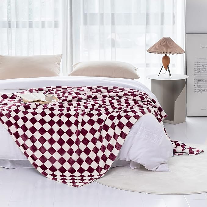 LOMAO Throw Blankets Flannel Blanket with Checkerboard Grid Pattern Soft Throw Blanket for Couch, Bed, Sofa Luxurious Warm and Cozy for All Seasons (Burgundy, 50"x60")-Ruum Studio Home