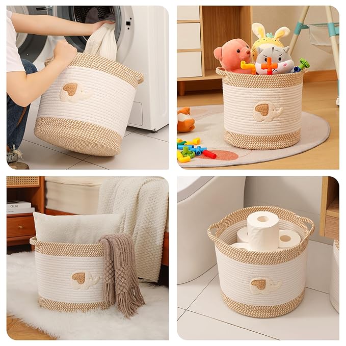 INough Toy Storage Baskets Woven Cotton Rope Storage Basket for Kids, Blanket Baskets for Living Room Toy Basket Box Toys Organizer with Embroidery Decor Cute Baskets for Nursery, Playroom (Elephant)-Ruum Studio Home