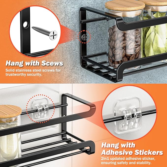 Spice Rack wall mounted 2 Pack, Space-Saving Spice Organizer for Spice Jars and Seasonings,Screw or Adhesive Hanging Spice Rack Organizer for Your Kitchen Cabinet,or Pantry Door-Ruum Studio Home