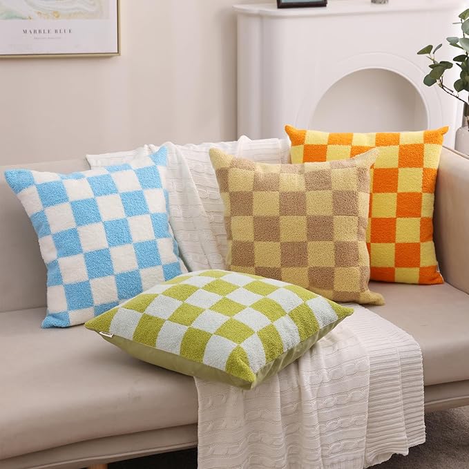 Alysheer Checkered Embroidered Decorative Throw Pillow Covers 18"x 18" Set of 2, Farmhouse Boho Orange Yellow Plaid Tufted Patterned Cotton Canvas Cushion Case for Sofa Couch Bed Living Room Outdoor-Ruum Studio Home