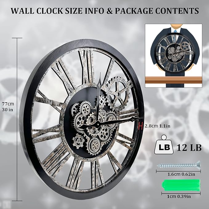 Large Wall Clock, Clocks for Living Room Decor Oversized 30 Inch Wall Decor Farmhouse Vintage Rustic Industrial Roman Big Chic Home Decor Wall Clock for House Bedroom Office, Moving Gears Clock-Ruum Studio Home