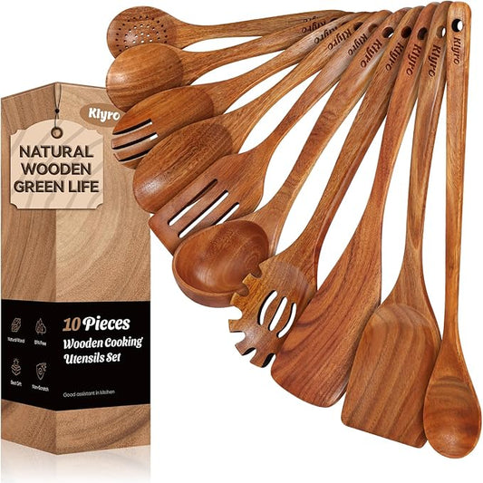 Teak Wooden Cooking Utensils Set, 10 Piece Premium Kitchen Cookware, Non-Scratch Wooden Spoons for Cooking, Perfect for Cooking and Serving-Ruum Studio Home