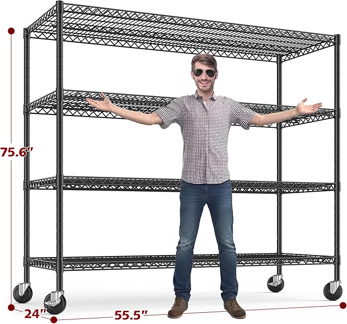 REIBII 75.6" H Storage Shelves Wire Shelving Unit with Wheels 2500LBS Garage Shelving Heavy Duty Metal Shelves for Storage Rack Adjustable Pantry Shelf Commercial Shelving, 75.6" H X 55.5''W X 24" D-Ruum Studio Home