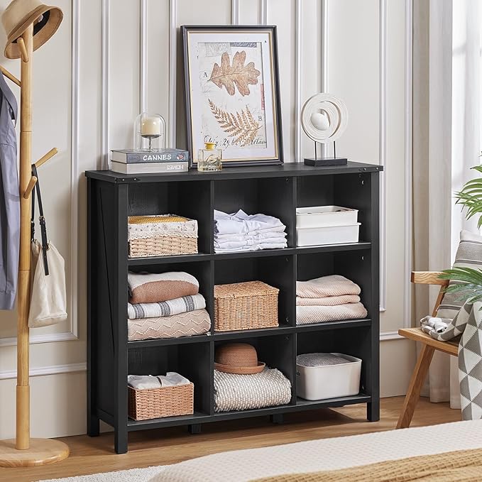 9 Cube Bookcase, Farmhouse 47 Inch Wide Black Bookshelf, Wooden 3 Tier Display Large Open Book Shelf, Vintage Horizontal Book Case for Home Office, Cubby Storage Cabinet for Living Room-Ruum Studio Home