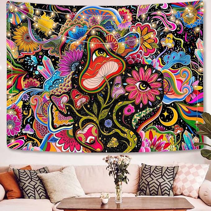 Lunerfex Mushroom Tapestry Pink Flowers Tapestry for Bedroom Aesthetic Tapestries Cute Floral Tapestries Wall Hanging for Bedroom and Living Room Decor Pink Flowers 70×90 Inches-Ruum Studio Home