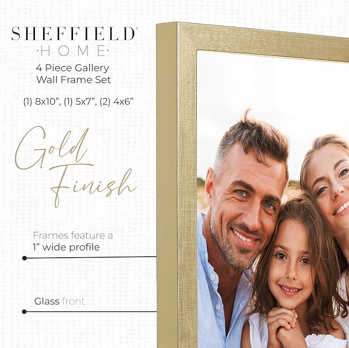 Sheffield Home 4 Piece Gallery Wall Frame Set, 8x10 Inch, 5x7 Inch, and 4x6 Inch, Gold-Ruum Studio Home