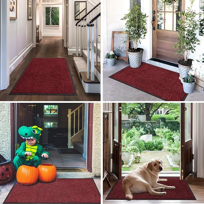 Mibao Front Door Mat, Dirt Trapper Welcome Mat for Outdoor Indoor, Non-Slip Waterproof Doormat, Durable Machine Washable Low Profile Entry Rug for Back Door Outside Patio Porch, 32" x 20", Red-Ruum Studio Home