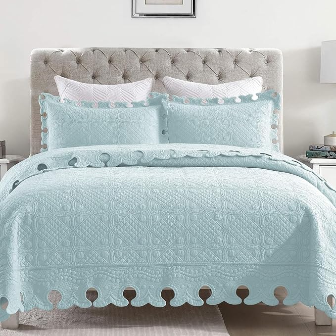 MarCielo 3-Piece 100% Cotton Oversized Bedspread Lightweight Quilt Coverlet Embroidery Farmhouse Bedding Set (TW Mint Green Blue, Oversized King (118"x106"))-Ruum Studio Home