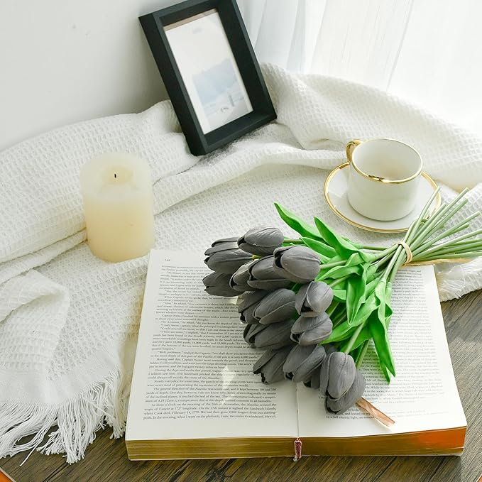 Mandy's Artificial Tulips 20 Stems Dark Grey PU Faux Flowers for Wedding Home Decor 13.5 Inch-Ruum Studio Home