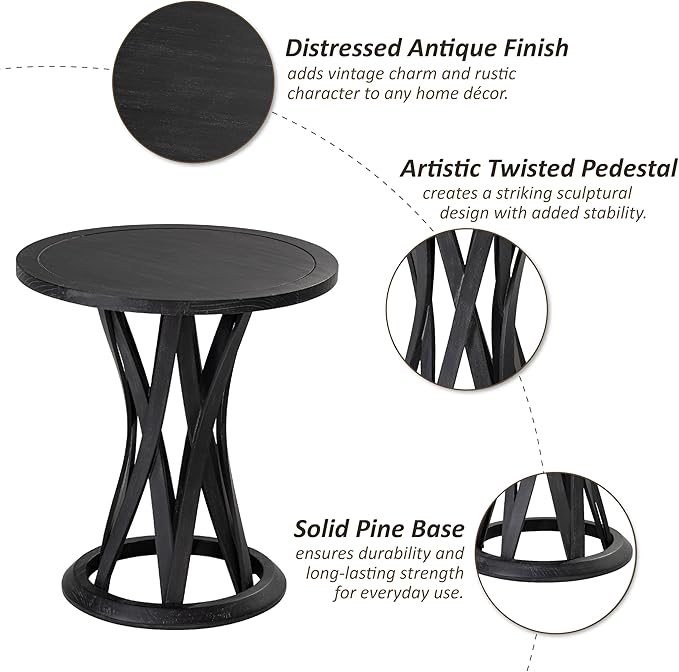 Round Farmhouse End Table with Crisscross Pedestal Base, Distressed Finish Side Table Rustic Accent Table for Living Room, Pine Wood, Black-Ruum Studio Home