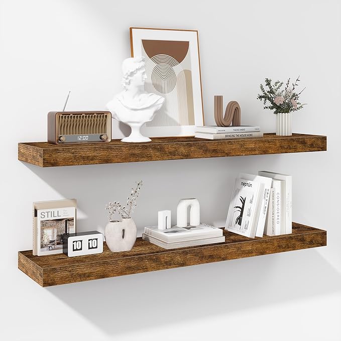 Fun Memories 36 Inch Floating Shelves - Deep Rustic Wooden Wall Shelves - Extra Deeper & Thicker Wall Mounted Storage Shelf for Bedroom, Kitchen, Farmhouse - 2 Pack, Rustic Brown-Ruum Studio Home