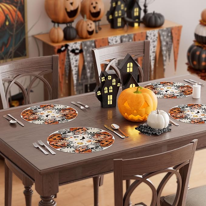 XCHI Spooky Skeleton Ghost Pumpkin Halloween Round Placemats Set of 4 Table Mats for Party Home Kitchen Dining Table Decorations 14x14 Inch-Ruum Studio Home