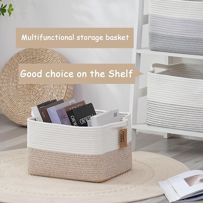 COMFY-HOMI Cotton Rope Woven Basket with Handles for Shelves,Toys,Book, Cloth Storage Baskets for Organizing-13.5" x 11" x 9.5" Toy Decorative Organizer for Living Room, Bathroom （White/Brown）-Ruum Studio Home