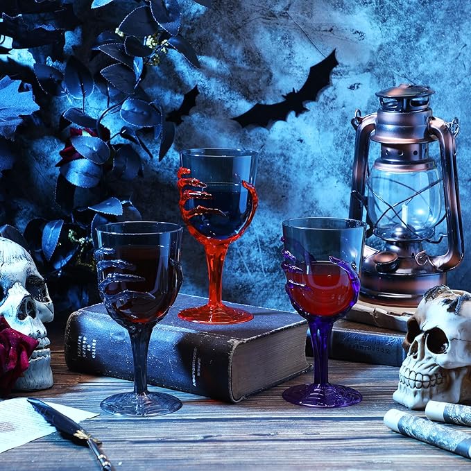 Dandat 24 Pcs Halloween Skeleton Hand Goblets 12oz Clear Plastic Halloween Cups Skull Wine Glass Set for Creepy Spooky Party Decorations(Black, Purple, Orange, Gray)-Ruum Studio Home