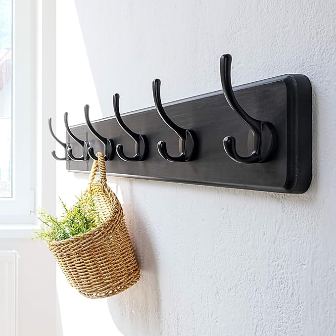 Dseap Wall Mounted Coat Rack: 24" Long, Patented, Heavy-Duty, 6-Double-Hooks Wooden Hanger Rail for Winter Coats, Hat, Jacket, Clothing - Black, Pack of 2-Ruum Studio Home
