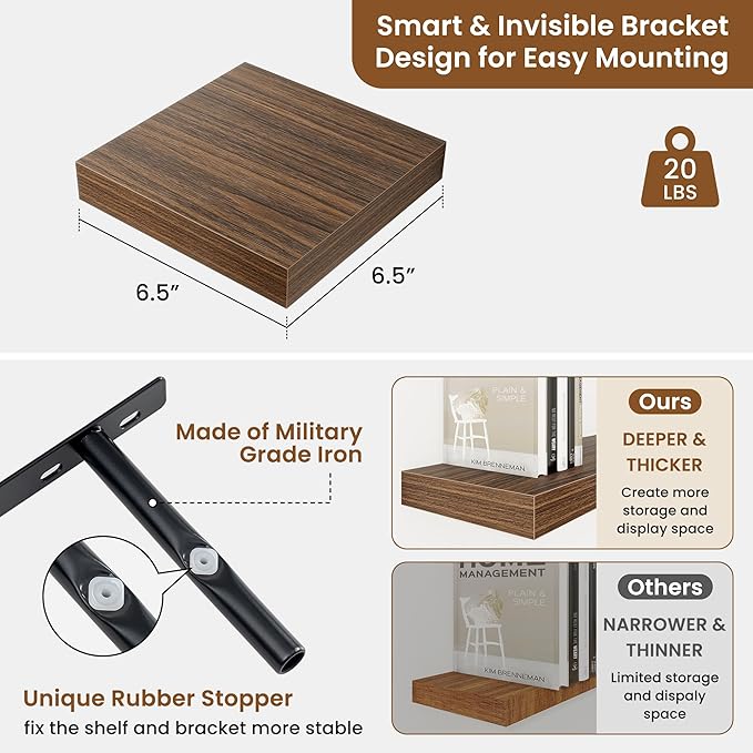fuqing Floating Shelves for Wall, Bathroom Shelf Wall Mounted for Storage, Shelves with Invisible Bracket for Bedroom, Kitchen, Living Room, Farmhouse Small Book Shelf, 6.5 Inch Set of 3, Walnut-Ruum Studio Home