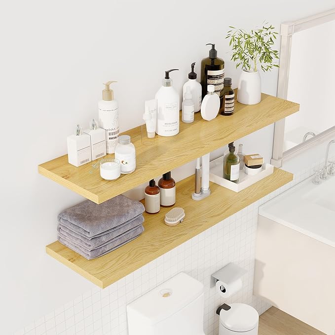 48" Floating Shelves for Wall, 12" Deep Slim Oak Floating Shelves, Wall-Mounted Shelves for Bedroom, Living Room, Kitchen, Bathroom - Set of 2-Ruum Studio Home