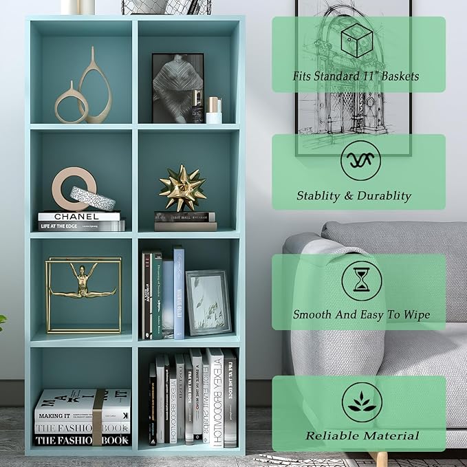 8-Cube Storage Shelf Bookcase - Wooden 4-Tier Floor Standing Open Bookshelf, Modern TV Stand up to 55 Inchs for Home and Office, Light Blue-Ruum Studio Home