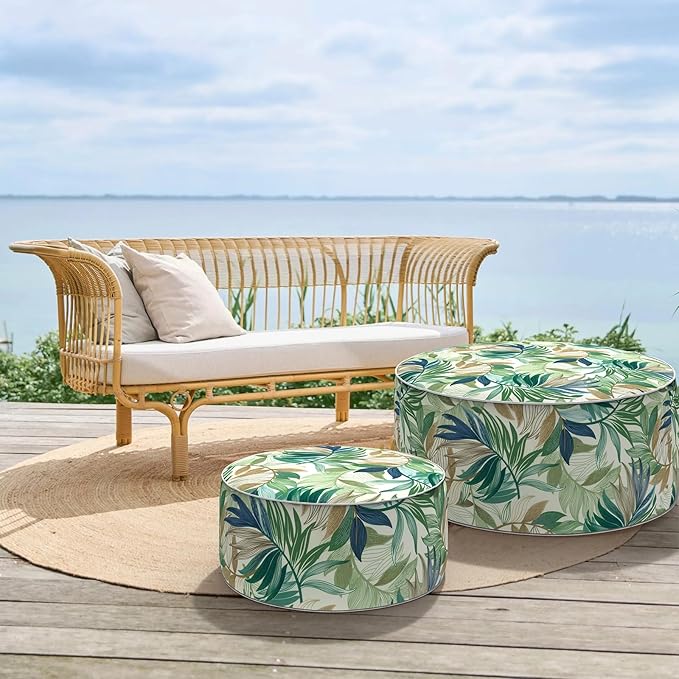 Inflatable Ottoman Stool D31 xH14 for Outdoor/Indoor Use, Water Repellent Patio Foot Rest Stool with Portable Handle,Round Pouf Ottoman Suitable for Garden,Deck and Camping - Lush Leaf Green-Ruum Studio Home
