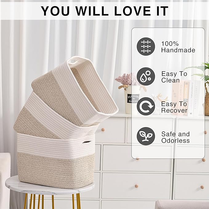 Storage Baskets for Organizing, Woven Cotton Rope Basket for Storage Books, Baby Organizing Baskets, Toy Storage Basket, 15"x11"x9.5", 3 Packs, Off White & Brown-Ruum Studio Home