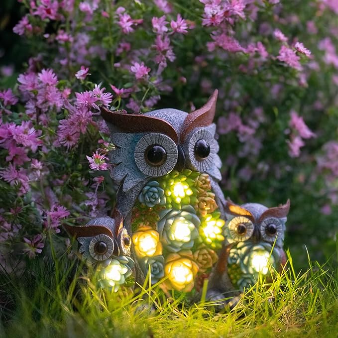 Solar Garden Statue Lights Owl Figurine with LED Lights, Outdoor Garden Succulent Ornaments, Mothers Day Mom Gifts for Outside Patio Yard Lawn Decor-Ruum Studio Home