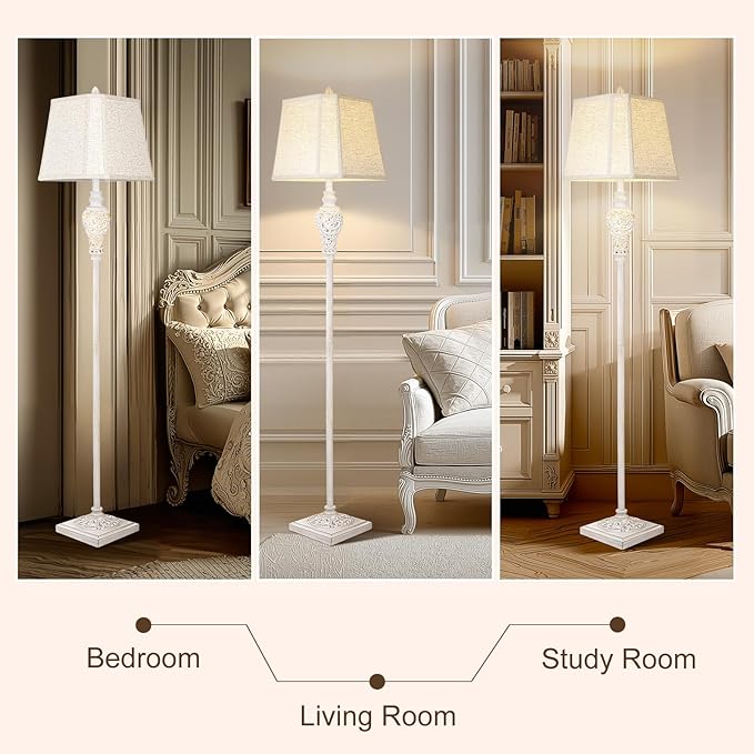 Floor Lamp for Living Room, Vintage Standing Lamp with Nightlight, 65" Tall Lamp with White Linen Shade, Farmhouse Rustic Floor Lamp for Bedroom, Office, Corner (LED Bulb Included)-Ruum Studio Home