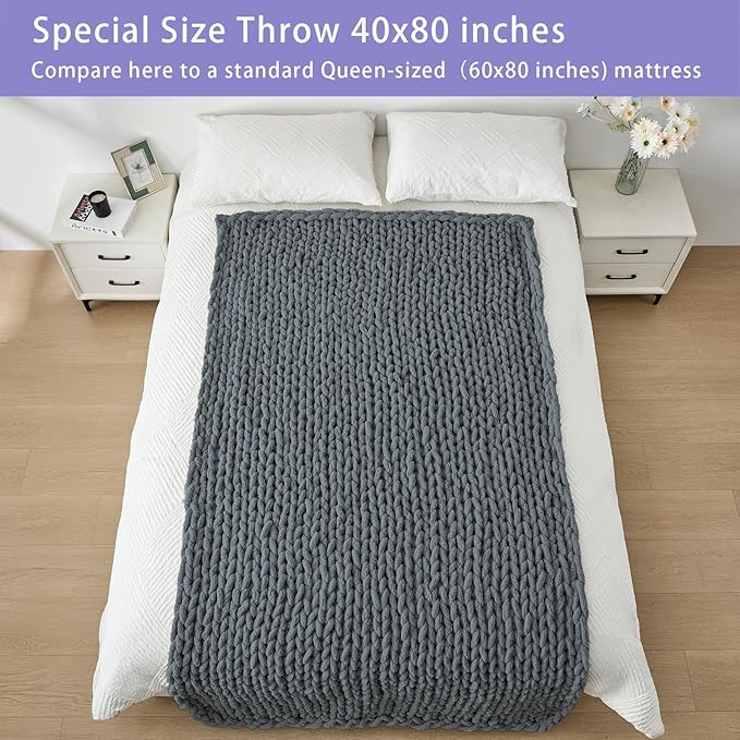 Bigacogo Chunky Knit Throw Blanket for Couch, 40x80 inches, 100% Hand Knitted with Thick Jumbo Chenille Yarn, Cozy Soft Large Rope Knot Cable Crochet Blankets for Sofa Bed Living Room, Iron Gray-Ruum Studio Home