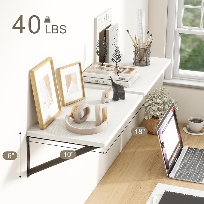 Fun Memories White Floating Shelves 18 Inch Long, Rustic Floating Shelf with Brackets, 10 Inch Deep Wall Shelves, White Bathroom Shelves, 18 x 10 Storage Shelf for Kitchen, Living Room, Set of 2-Ruum Studio Home