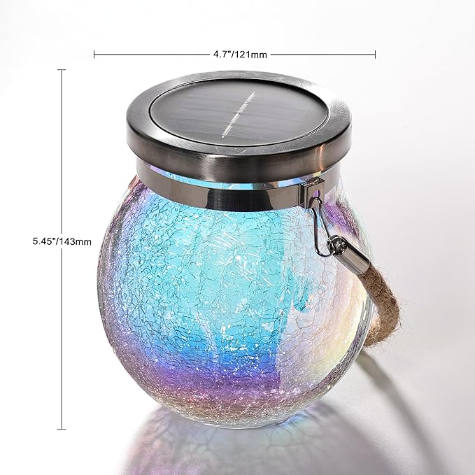 Cooo 4 Pack Solar Lantern Outdoor Waterproof Iridescent Crackle Glass with 215% Larger Solar Panel, Stainless Steel Lid – Rainbow Glass Hanging Light with Cool White LED for Garden Patio Table-Ruum Studio Home
