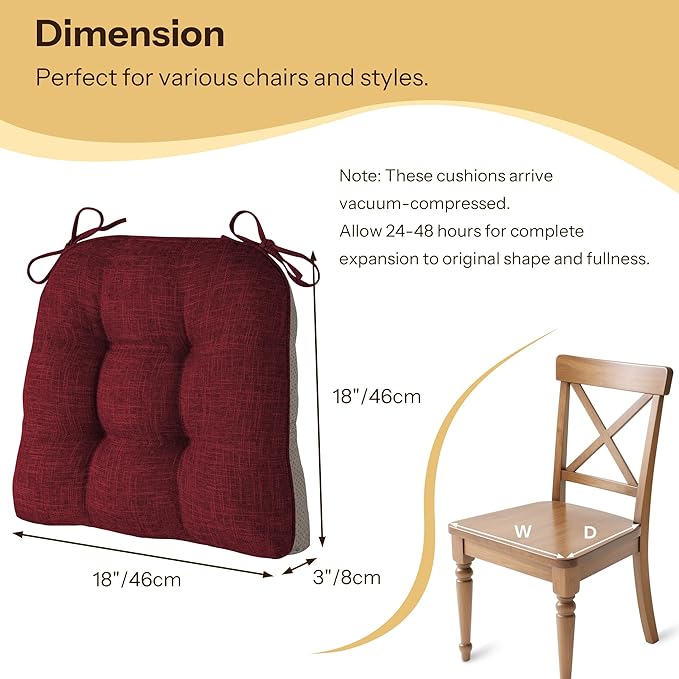Non Slip Chair Cushions for Dining Chairs Set of 4 Kitchen Chair Cushions 18"x18"x3" Turfted Chair Pads Comfortable and Soft Seat Cushion with Ties, Burgundy-Ruum Studio Home