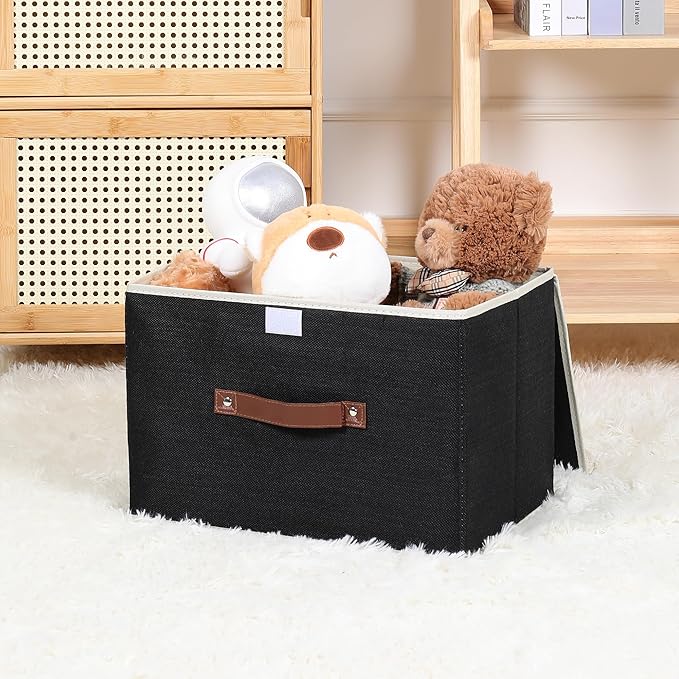 ANMINY Storage Bin with Lid Storage Boxes with PU Leather Handles PP Plastic Board Decorative Foldable Lidded Cotton Linen Fabric Home Cubes Baskets Closet Organizer Container - Black, Large Size-Ruum Studio Home