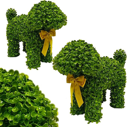 2 Pcs Artificial Bunny Shaped Topiary Trees, Artificial Green Boxwood Bunny Decorations with Gold Bow, Perfect for Indoor & Outdoor Front Porch, Easter& Garden Decor (Boxwood Dog Tree)-Ruum Studio Home