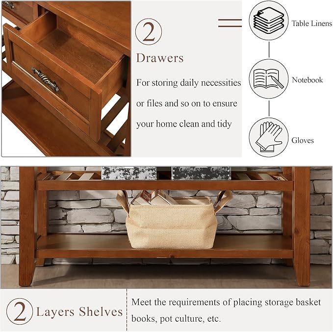 Solid Wood Console Table Entryway Table with Storage Drawers and Shelves Sofa Tables (42" Brown)-Ruum Studio Home