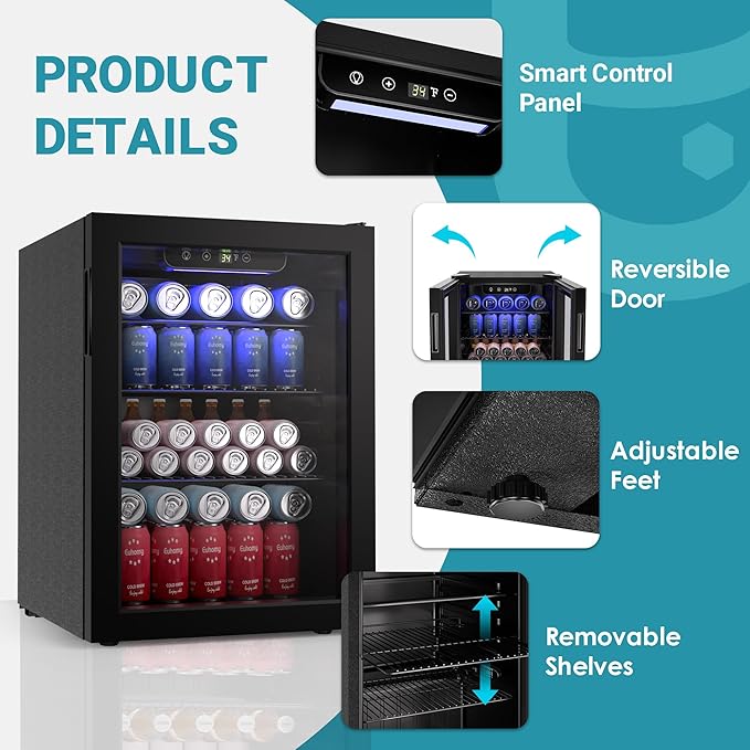 EUHOMY 100 Can Beverage Refrigerator cooler-Mini Fridge Glass Door for Beer Drinks Wines, Freestanding Beverage Fridge with Adjustable Shelves Blue LED for Home/Office/Dorm/Bar, 2.7 cu.ft-Ruum Studio Home