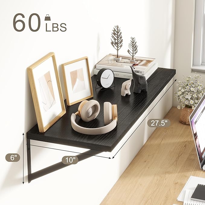 Fun Memories 27.5" W x10 D Floating Shelves, Black Wall Shelf with Brackets, 10 Inch Deep Floating Shelf Set of 2, Large Storage Kitchen Living Room Bathroom Shelves, Wood Wall Mounted Shelf-Ruum Studio Home