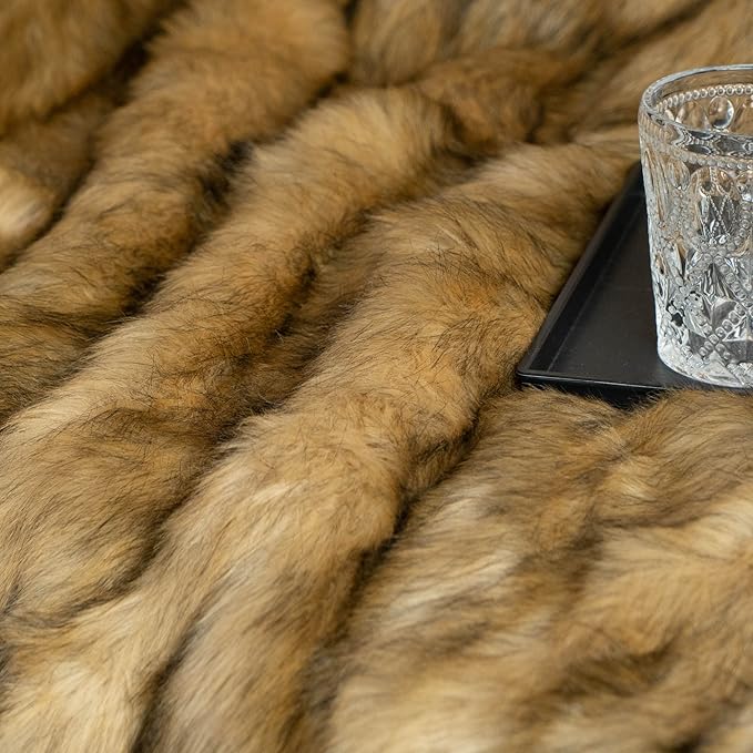 BATTILO HOME Golden Faux Fur Throw Blanket for Couch Sofa, Long Pile Fur Blankets and Throws, Elegant, Fluffy Thick Warm Heavyweight Fur Blanket Reversible to Plush Velvet, 50"x60"-Ruum Studio Home