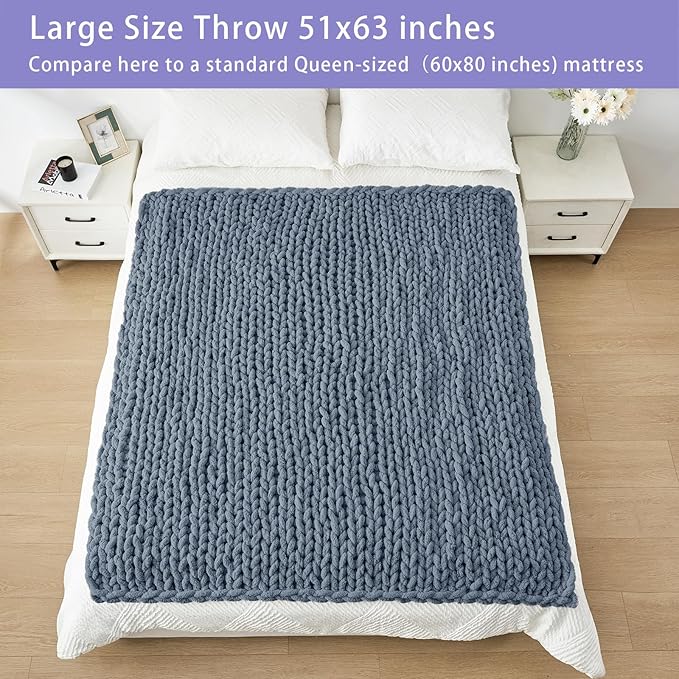 Bigacogo Chunky Knit Throw Blanket for Couch, 51x63 inches, 100% Hand Knitted with Thick Jumbo Chenille Yarn, Cozy Soft Large Rope Knot Cable Crochet Blankets for Sofa Bed Living Room, Cold Sea Blue-Ruum Studio Home