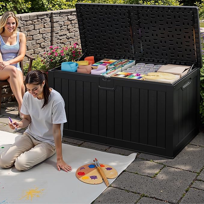 JUMMICO 250 Gallon Outdoor Resin Deck Box with Divider, Waterproof Storage Box with Lockable Lid&Side Handles for Garden Tools, Pools Supplies (Black)-Ruum Studio Home