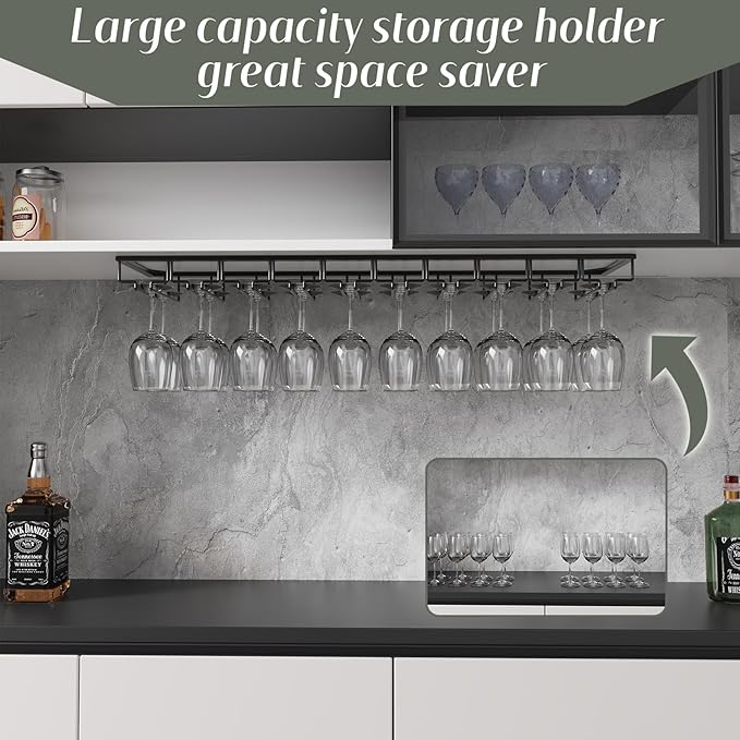 Xverycan Wine Glass Rack Under Cabinet, 10 Row Extreme Large Stemware Hanger, Metal Wine Goblet Holder, DIY Bar Glass Storage Rack for Bar Counter, Kitchen, Screws Included-Ruum Studio Home