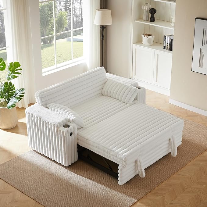 57-Inch Velvet Full Size Sleeper Sofa Couch with Pullout Bed,Convertible Pull Out with Golden Decorative Strip and Adjustable Backrest for Small Spaces,Apartment, Guest Room, RV (1109White)-Ruum Studio Home