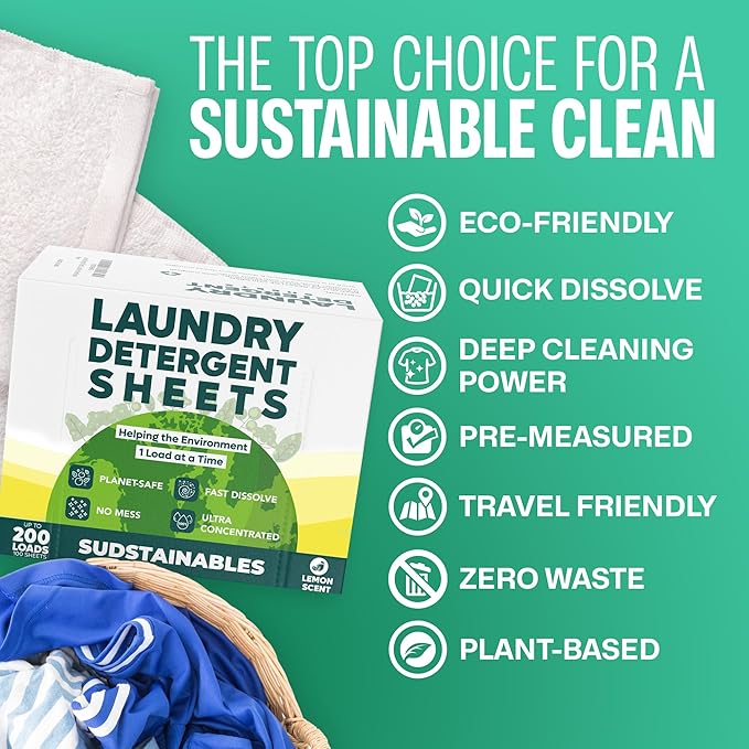 Sudstainables Laundry Detergent Sheets (200 Loads) – Eco-Friendly, Zero Waste, Plastic-Free Laundry Washing Machines Soap Sheets; Dissolvable, Space-Saving Strips for Travel (Lemon)-Ruum Studio Home