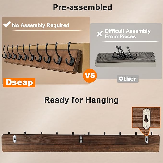 Dseap Coat Rack Wall: 38-1/4" Long, Patented, Heavy-Duty, 10-Double-Hooks Wooden Wall Mounted Coat Rack Coat Hanger Hook Rail for Winter Coats Hat Jacket Clothing, Light Brown, Pack of 2-Ruum Studio Home