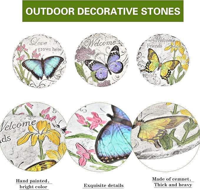 Sungmor 3PC Pretty Garden Stepping Stones, 9.8" Large Concrete Decorative Stones with Beautiful Pattern, Unique Outdoor Lawn Accents, Yard Walkway Flower Bed Wall Shelf Welcome Friends Decorations-Ruum Studio Home