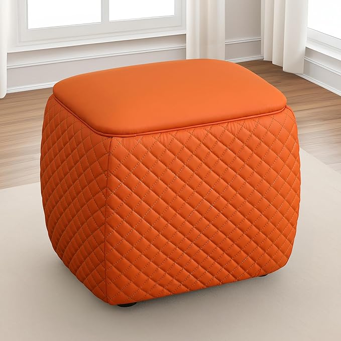 Ottoman Rectangular Storage Ottoman Bench, Faux Leather Footrest, Stool Footstool for Living Room, Bedroom, Entryway, Orange, 19.5"x15.5"x18"-Ruum Studio Home