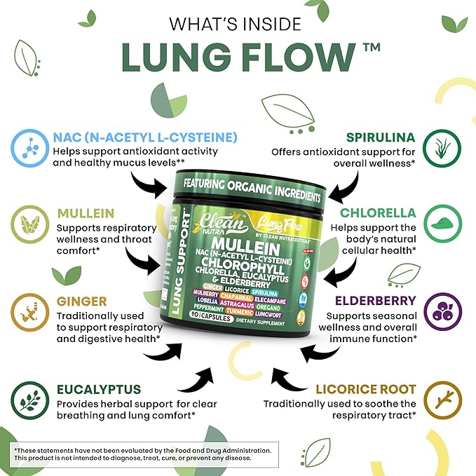 Clean Nutra Mullein NAC Supplement Spirulina Chlorella Ginger Licorice Mulberry Astragalus Root Oregano Turmeric with Chlorophyll Berries Detox Cleanse Respiratory Lung Health 90 Capsules-Ruum Studio Home
