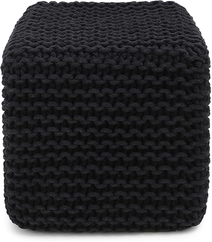 REDEARTH Cube Pouf Foot Stool Ottoman - Hand Knitted Poof - Cord Boho Pouffe - Home Décor - Stuffed Footrest for Living Room - Bedroom - Covered Patio (16" x 16" x 16") - Black-Ruum Studio Home