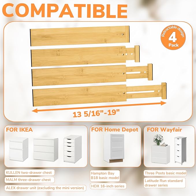 BAMEOS Drawer Divider,Expandable Bamboo Separators Adjustable Utensil Knife Fork Tool Kitchen Organizer, Clothes Fabric Drawer Organizer In Bathroom Bedroom Office, Cabinet Dresser Organizer 4-pack-Ruum Studio Home