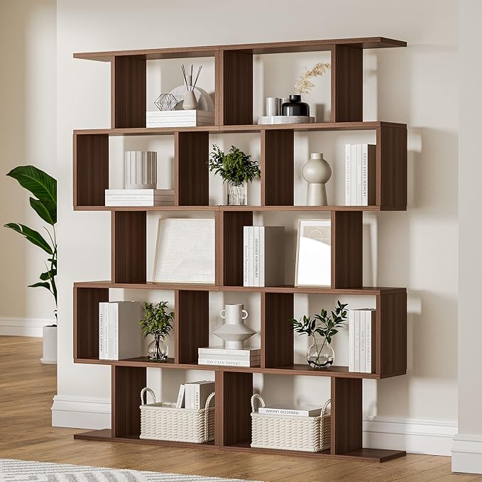 Brown 5-Tier Geometric Bookcase, S-Shaped Modern Bookshelf Set of 2, 62.6" Tall Room Divider Book Shelf, Decorative Display Shelf-Ruum Studio Home